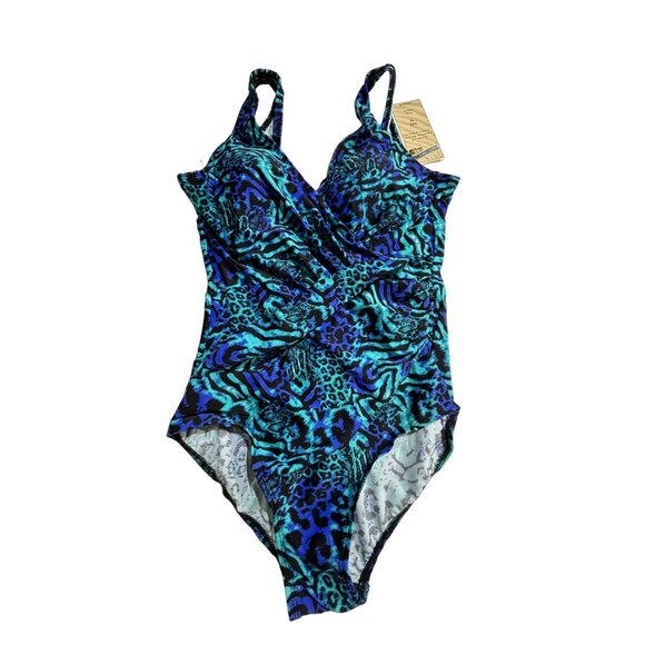 Caribbean Sand One-Piece Swimsuit Size 10 Blue/Green Leopard Print - Picture 1 of 8